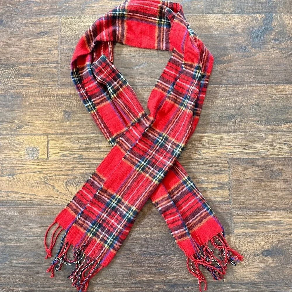 Red Tartan Plaid Scarf with Fringe Ends